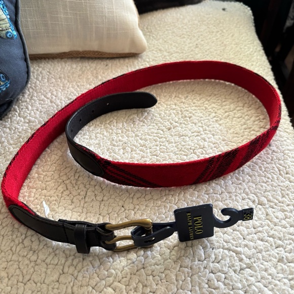 Christmas Polo Ralph Lauren Red Buffalo Plaid Wool Leather Belt Size 38 NWT - Picture 10 of 10